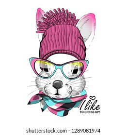 Vector white rabbit with pink knitted hat, glasses and scarf. Hand drawn illustration of dressed rabbit.