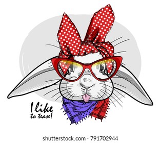 Vector white rabbit with red glasses. Hand drawn illustration of dressed rabbit.