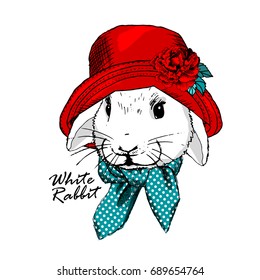 Vector white rabbit with red hat. Hand drawn illustration of dressed bunny.