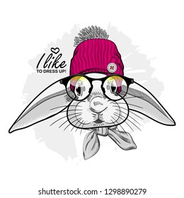 Vector white rabbit with red knitted hat, glasses and scarf. Hand drawn illustration of dressed rabbit.