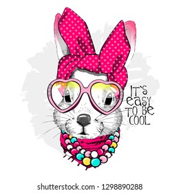 Vector white rabbit with red turban, glasses, necklace and scarf. Hand drawn illustration of dressed rabbit.