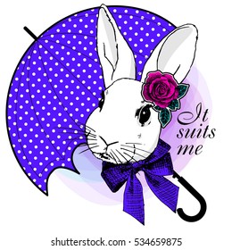 Vector white rabbit with rose and umbrella. Hand drawn illustration of dressed lapin.