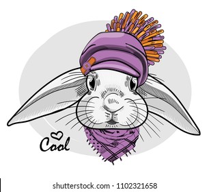 Vector white rabbit with violet knitted hat and scarf. Hand drawn illustration of dressed rabbit.