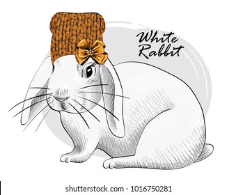 Vector white rabbit with yellow knitted hat. Hand drawn illustration of dressed rabbit.