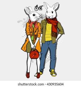 Vector white rabbit-boy and rabbit girl. Hand drawn illustration of dressed bunny. 