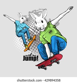 Vector white rabbit-boys with a skateboard. Hand drawn illustration of dressed bunny. 
