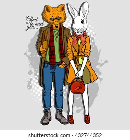 Vector white rabbit-girl and fox-boy. Hand drawn illustration of dressed bunny and fox. 
