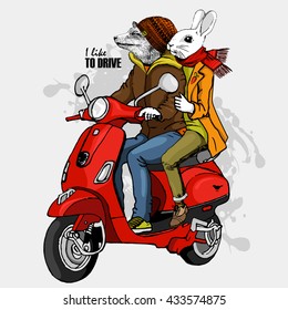 Vector white rabbit-girl and fox-boy on a red moped. Hand drawn illustration of dressed bunny and fox. 