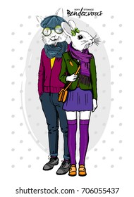 Vector white rabbit-girl and rabbit-boy. Hand drawn illustration of dressed rabbits. Romantic date. Rendezvous. 3
