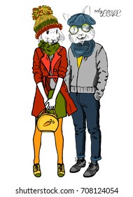 Vector white rabbit-girl and rabbit-boy. Hand drawn illustration of dressed rabbits. Romantic date. Rendezvous.3