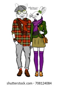 Vector white rabbit-girl and rabbit-boy. Hand drawn illustration of dressed rabbits. Romantic date. Rendezvous. 1