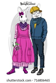 Vector white rabbit-girl and rabbit-boy. Hand drawn illustration of dressed rabbits. Romantic date. Rendezvous 4