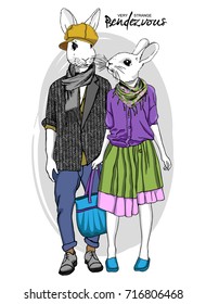 Vector white rabbit-girl and rabbit-boy. Hand drawn illustration of dressed rabbits. Romantic date. Rendezvous 6