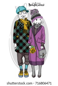 Vector white rabbit-girl and rabbit-boy. Hand drawn illustration of dressed rabbits. Romantic date. Rendezvous 1