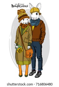 Vector white rabbit-girl and rabbit-boy. Hand drawn illustration of dressed rabbits. Romantic date. Rendezvous 5