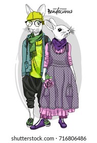 Vector white rabbit-girl and rabbit-boy. Hand drawn illustration of dressed rabbits. Romantic date. Rendezvous 2