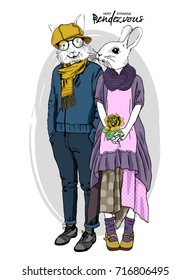 Vector white rabbit-girl and rabbit-boy. Hand drawn illustration of dressed rabbits. Romantic date. Rendezvous 3