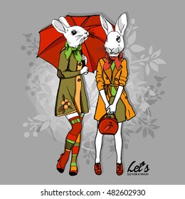 Vector white rabbit-girl with a red umbrella. Hand drawn illustration of dressed rabbits.
