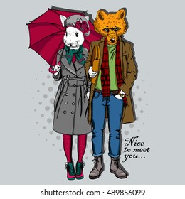 Vector white rabbit-girl with umbrella and fox-boy. Hand drawn illustration of dressed bunny and fox. 