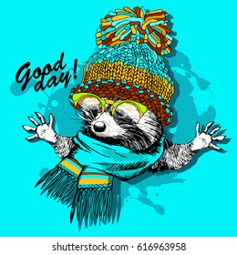 Vector white raccoon with glasses and knitted hat. Hand drawn illustration of raccoon.