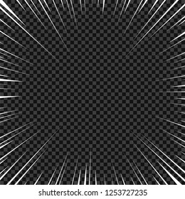 Vector white radial lines for comics, superhero action. Manga frame speed, motion, explosion background. Design element isolated transparent background.