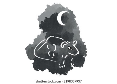 Vector white rat on a black watercolor background. Line art. Rat.