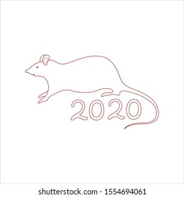 Vector white rat in red outline on white background. Chinese zodiac sign, horoscope. Happy New Year of the Rat 2020.