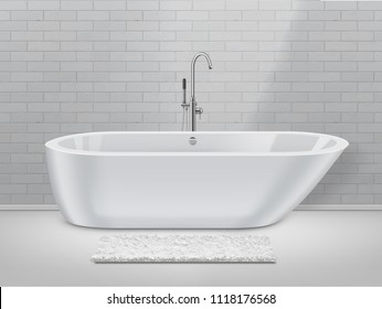 Vector white realistic bathtub bath bathroom isolated on brick wall background