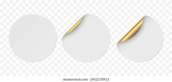 Vector white realistic circle paper stickers with golden corner isolated on transparent background. Set of price tags curved with soft shadows. 3D illustration for your design.