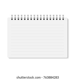 Vector white realistic closed spiral bound notebook. Horizontal blank copybook with metallic silver spiral. Template (mock up) of organizer or diary isolated. Horizontal lined notepad. A5.