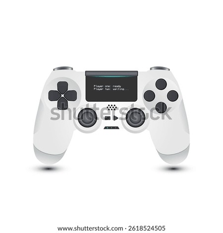 Vector, white, realistic joystick for a game console with a display on a white background.