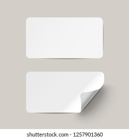 Vector White Realistic Paper Adhesive Stickers With Curved Corner On Transparent Background.