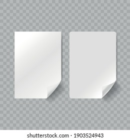 Vector White Realistic Paper Adhesive Stickers With Curved Left Corner On Transparent Background.