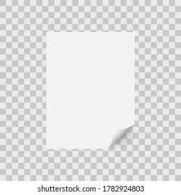 Vector white realistic paper page with curled corner. Paper sheet folded with soft shadows on light transparent background.