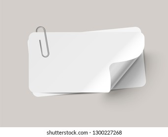 Vector white realistic paper stripes and paper clip with curved corner on transparent background.