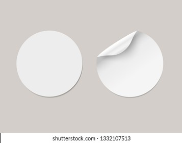 Vector white realistic round paper adhesive stickers with curved corner and shadow. Transparent background.