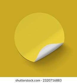 Vector white realistic round yellow paper adhesive sticker with curved corner on yellow background.
