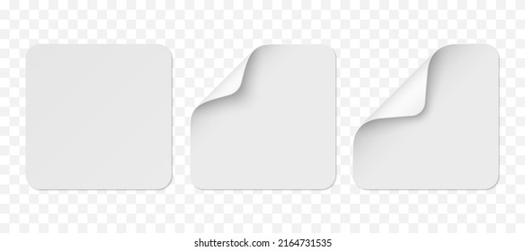 Vector white realistic square paper stickers with white corner isolated on transparent background. Set of price tags curved with soft shadows. 3D illustration for your design.