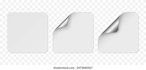 Vector white realistic square paper stickers with silver corner isolated on transparent background. Set of price tags curved with soft shadows. 3D illustration for your design.