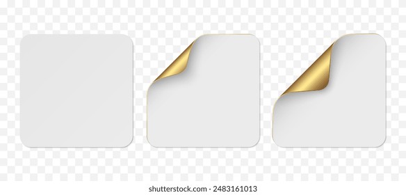 Vector white realistic square paper stickers with golden corner isolated on transparent background. Set of price tags curved with soft shadows. 3D illustration for your design.