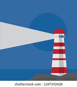 vector of white and red lighthouse on the rock by the sea with blue sky background