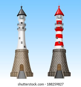 Vector white and red lighthouses