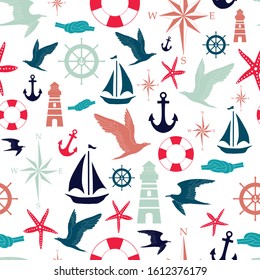 Vector white and red nautical elements seamless pattern background