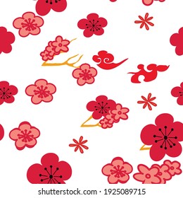 Vector white red pink cherry blossoms on branches, seamless pattern background, perfect for fabric, scrapbooking, wallpaper project