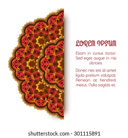 Vector white red round ornament with hand drawn elements. Exotic template for web, greetings, invitation cards.