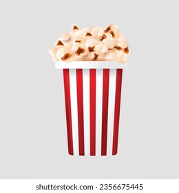 Vector white and red striped bucket of popcorn kernels close up side view isolated on gray background