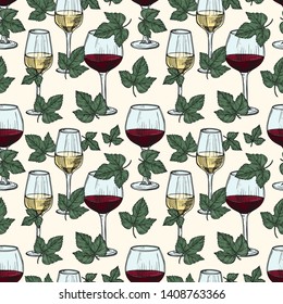 Vector white and red wine, grape vine leaves seamless pattern