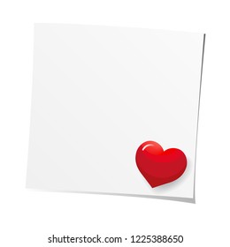 Vector white reminder sticker for notes with heart. Love symbol. Valentine's Day sign, isolated on white background, Flat style for graphic and web design. Front view. Top view. Close up. 