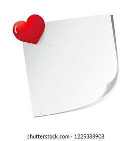 Vector white reminder sticker for notes with heart. Love symbol. Valentine's Day sign, isolated on white background, Flat style for graphic and web design. Front view. Top view. Close up. 