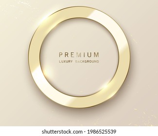 Vector white ring. Glossy luxury beige and golden line frame. Round border for invitation, cosmetics, congratulations, logo header. Glass frame with reflection gold edge on tender beige background